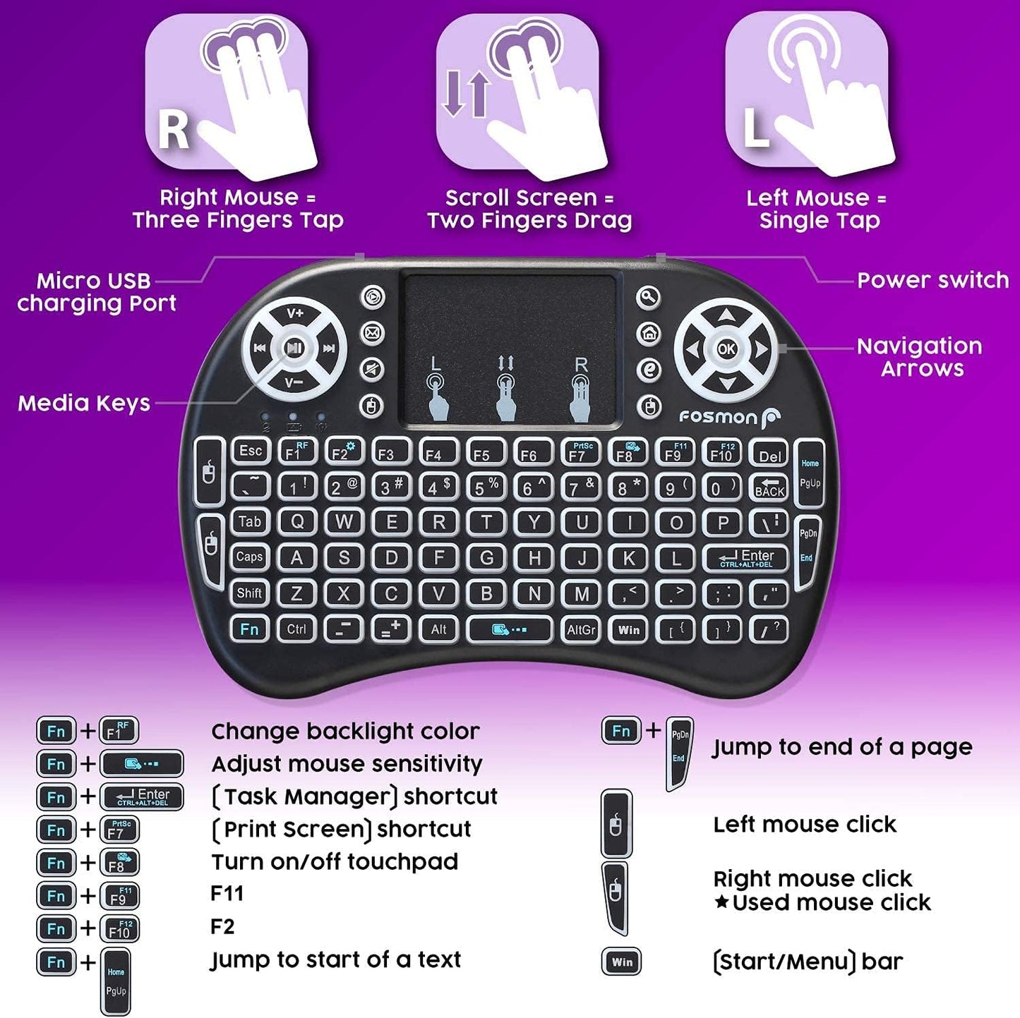 Mini Wireless Keyboard With Mouse Arabic/English Black